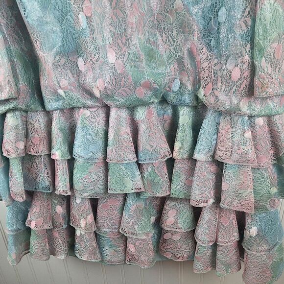Women's Vintage Judy Hornby Drop Waist Pastel Ruffle Lace Dress Size 14 - Picture 4 of 13